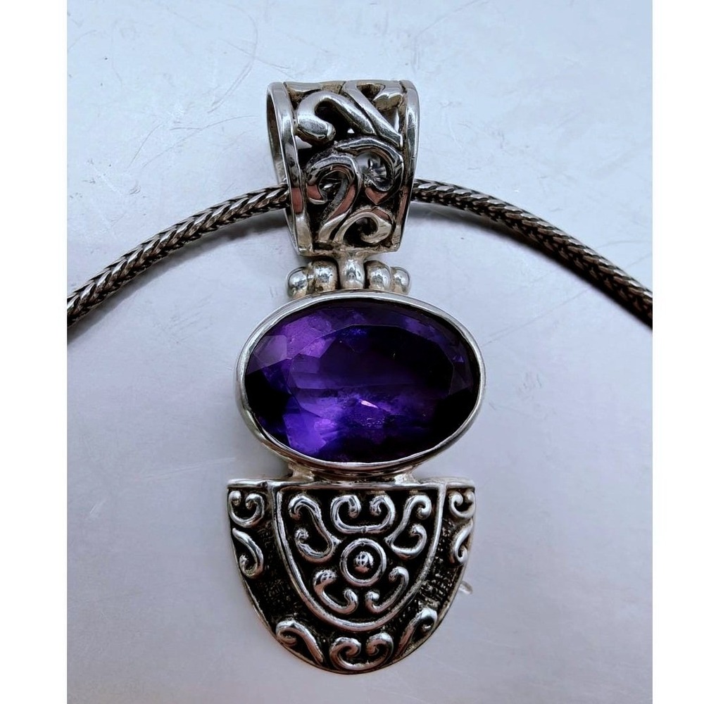 Artisan 925 Sterling Silver Large Amethyst Pendant Necklace Balinese Filigree